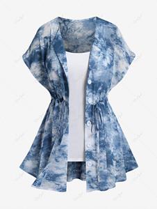 Rosegal Plus Size Tie Dye Drawstring Short Sleeves Shirt and Cami Top Set