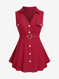 Rosegal Plus Size Sleeveless Buttons Heart Buckle Belt Shirt