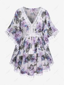 Rosegal Plus Size 3D Flower Printed Lace Trim Tie Butterfly Sleeve Blouse