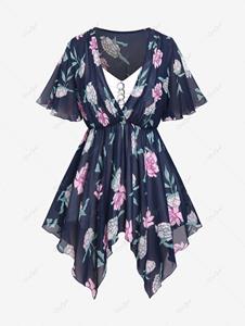 Rosegal Plus Size Floral Print Blouse and Chain Panel Cami Top Set