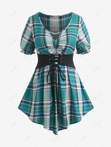Rosegal Plus Size Lace-up Waisted Ruffles Chain Keyhole Plaid Blouse