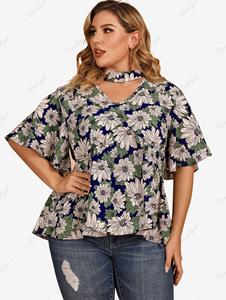 Rosegal Plus Size Keyhole Floral Flare Sleeves Blouse