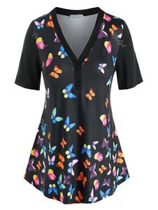 Rosegal Plus Size Butterfly Print V Neck Tee