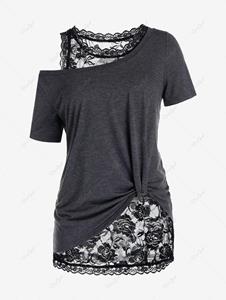 Rosegal Plus Size Skew Neck Knotted Tee and Sheer Lace Tank Top Set