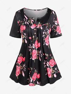 Rosegal Plus Size Flower Leaves Printed Button Short Sleeve T-Shirt