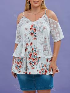Rosegal Plus Size Embroidered Lace Overlay Cold Shoulder Floral Blouse