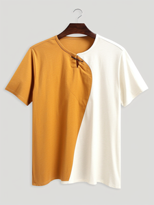 ChArmkpR Mens Two Tone Patchwork Notched Neck Casual Short Sleeve T-Shirts