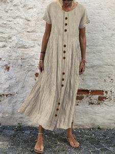 Women Plain Texture Button Front Cotton Short Sleeve Dress