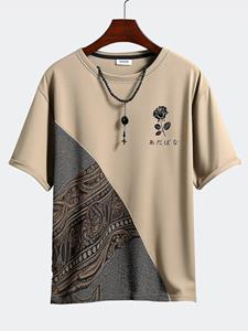 ChArmkpR Mens Ethnic Totem Rose Japanese Print Patchwork Short Sleeve T-Shirts
