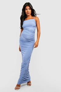 Boohoo Maternity Ruched Strappy Slinky Maxi Dress, Sky Blue