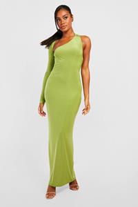 Boohoo Premium Slinky Asymmetric One Shoulder Maxi Dress, Olive
