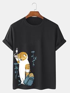 ChArmkpR Mens Japanese Style Cat Print Crew Neck Cotton Short Sleeve T-Shirts