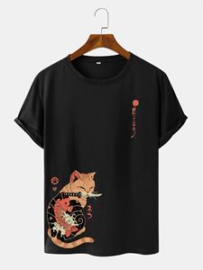 ChArmkpR Mens Japanese Cat & Fish Print Crew Neck Short Sleeve T-Shirts
