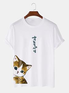 ChArmkpR Mens Japanese Cartoon Cat Print Crew Neck Cotton Short Sleeve T-Shirts