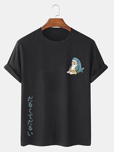 ChArmkpR Mens Cartoon Shark Cat Japanese Print Short Sleeve T-Shirts