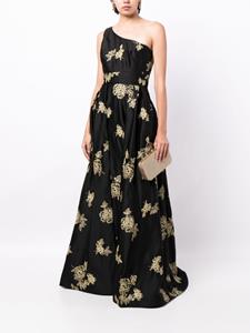 Marchesa Notte floral-embroidered one-shoulder gown - Zwart