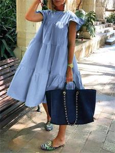 VONDA Women Solid Layered Design Ruffle Sleeve Cotton Dress