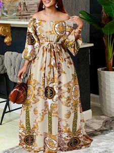 VONDA Plus Size Women Vintage Baroque Print Off Shoulder Maxi Dress
