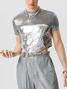 INCERUN Mens Metallic Patchwork Short Sleeve Cropped T-Shirt