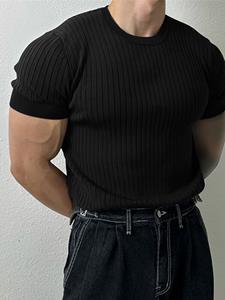 INCERUN Mens Solid Rib-Knit Short Sleeve T-Shirt