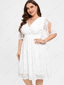 Rosegal Plus Size Flutter Sleeves Cinched Ruched Surplice Lace Wedding Dress