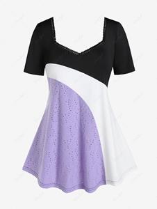 Rosegal Plus Size Colorblock Broderie Anglaise Short Sleeves T Shirt