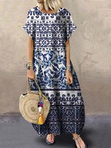 VONDA Ethnic Floral Print Crew Neck Short Sleeve Maxi Dress