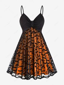 Rosegal Plus Size Bats Pattern Lace Overlay Knot Halloween Fit and Flare Dress
