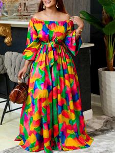 VONDA Plus Size Women Watercolor Print Off Shoulder Long Sleeve Maxi Dress