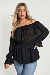 Boohoo Plus Chiffon Off Shoulder Top, Black