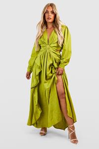 Boohoo Plus Linnen Cut Out Maxi Jurk Met Ruches, Olive