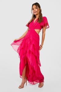Boohoo Dobby Cut Out Maxi Jurk Met Ruches, Hot Pink