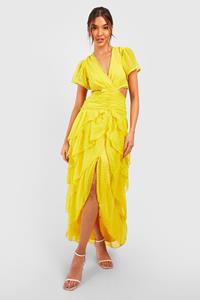 Boohoo Dobby Cut Out Maxi Jurk Met Ruches, Bright Yellow