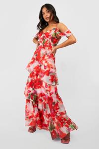 Boohoo Petite Asymmetrische Chiffon Bloemen Maxi Jurk Met Laagjes En Ruches, Pink