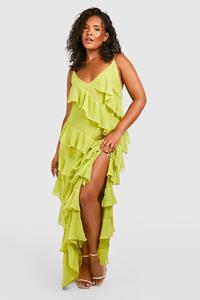 Boohoo Plus Maxi Jurk Met Geplooide Bandjes, Olive