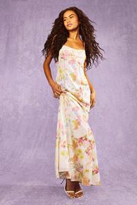 Boohoo Chiffon Bloemen Maxi Jurk Met Bandjes, Cream