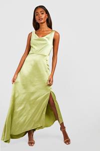 Boohoo Satijnen Bruidsmeisjes Maxi Jurk Met Asymmetrische Zoom, Sage