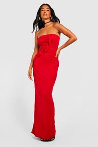 Boohoo Petite Asymmetrische Mesh Maxi Jurk Met Ruches, Red