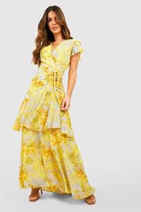 Boohoo Geplooide Bloemen Maxi Jurk, Yellow