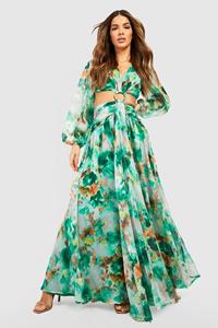 Boohoo Chiffon Bloemen Cut Out Maxi Jurk, Green