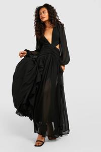 Boohoo Cut Out Maxi Jurk Met Ruches, Black