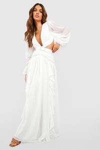 Boohoo Cut Out Maxi Jurk Met Ruches, Ivory