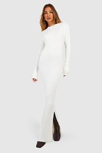 Boohoo Geribbelde Gebreide Maxi Jurk Met Hoge Hals, White