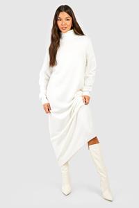 Boohoo Zachte Gebreide Midaxi Jurk Met Hoge Hals, White