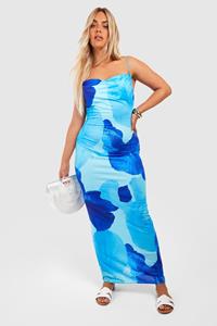 Boohoo Plus Large Abstract Floral Slinky Maxi Dress, Blue