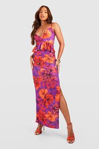 Boohoo Tall Large Floral Strappy Ruffle Maxi Dress, Orchid Lilac
