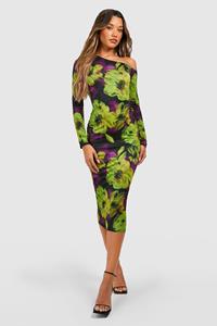 Boohoo Strakke Asymmetrische Bloemenprint Midaxi Jurk, Lime