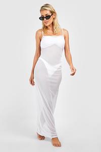 Boohoo Mesh Maxi Strand Jurk Met Bandjes, White