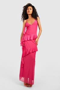 Boohoo Mesh Maxi Jurk Met Ruches, Magenta