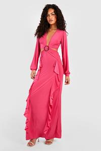 Boohoo Strakke Maxi Jurk Met Ruches En Laag Decolleté, Hot Pink